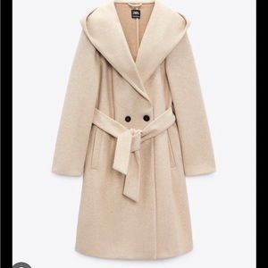 Zara Beige Wool Hooded Wrap Coat